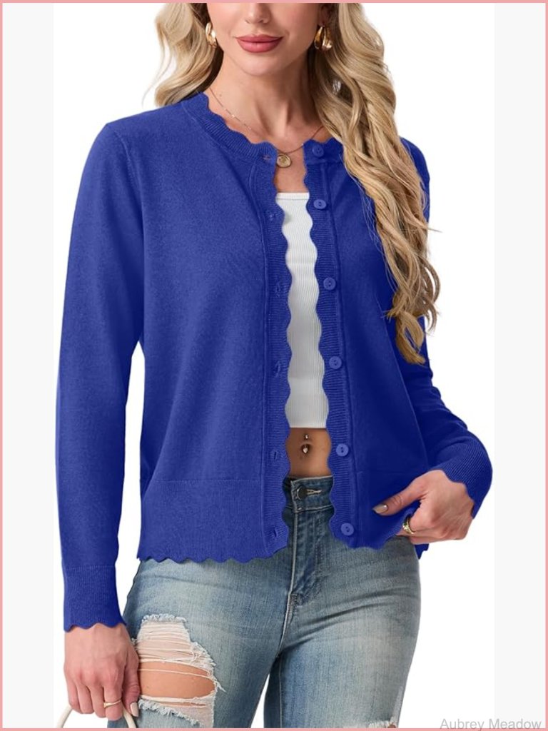 Lightweight Crewneck Cardigan Sweater Button Down Knit Dressy